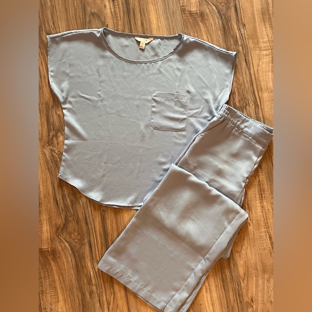 Light Blue Women's Short Sleeve Pocket Top and Wide Leg Pant Satin Set